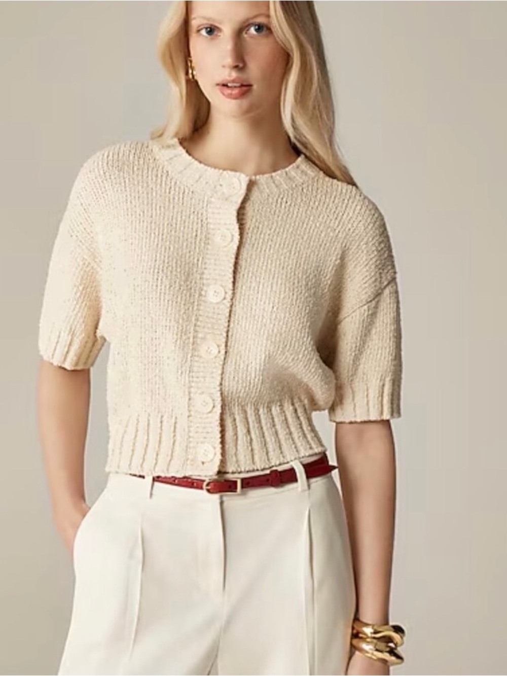 J. Crew Cream Short-Sleeve Button Front Cardigan